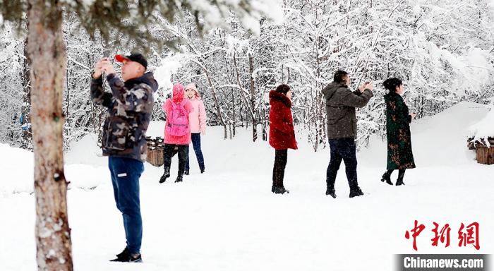 游客紛紛拍攝美麗的雪景。　王景陽 攝